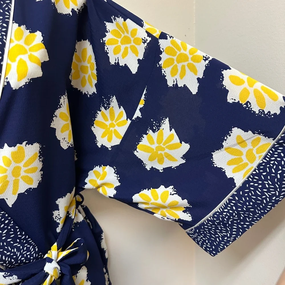 Josie by Natori Navy Blue Yellow Floral Short Kimono Robe Belted Oversized XS